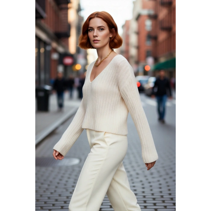 Kadın Basic V Yaka Geniş Kalıp Uzun Kollu Yünlü Triko Kazak Fitilli Dokusuyla Gün Boyu Konfor Sunar