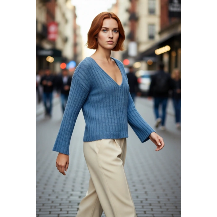 Kadın Basic V Yaka Geniş Kalıp Uzun Kollu Yünlü Triko Kazak Fitilli Dokusuyla Gün Boyu Konfor Sunar