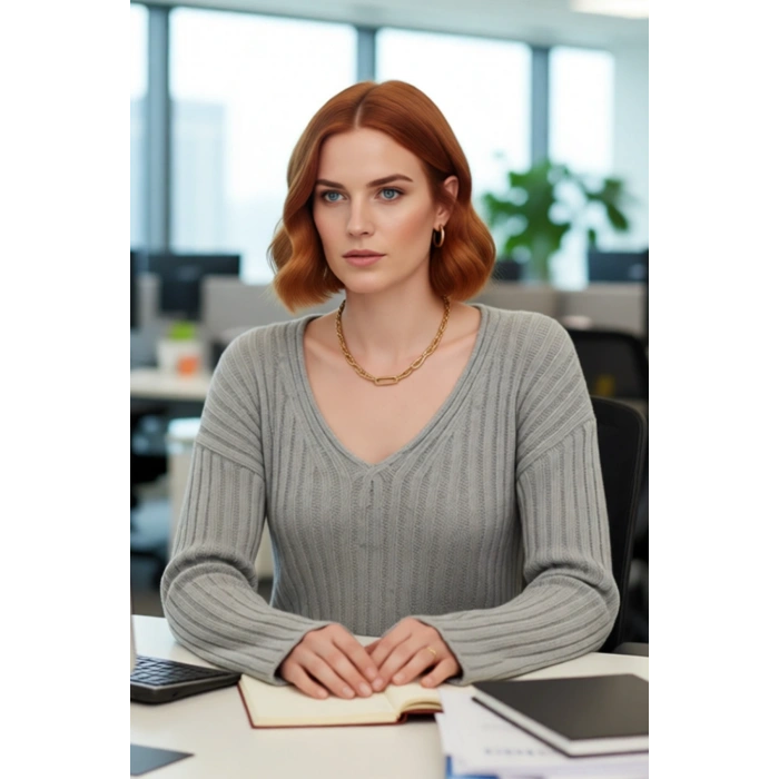 Kadın Basic V Yaka Geniş Kalıp Uzun Kollu Yünlü Triko Kazak Fitilli Dokusuyla Gün Boyu Konfor Sunar