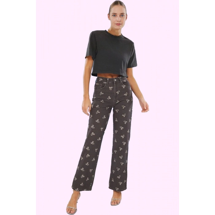Kadın Baskılı Denim Pantolon Pamuk Yüksek Bel Wide Leg Casual Tarz Yaz Aylarının Vazgeçilmezi