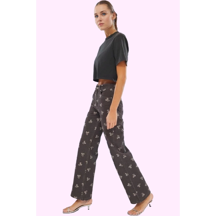 Kadın Baskılı Denim Pantolon Pamuk Yüksek Bel Wide Leg Casual Tarz Yaz Aylarının Vazgeçilmezi