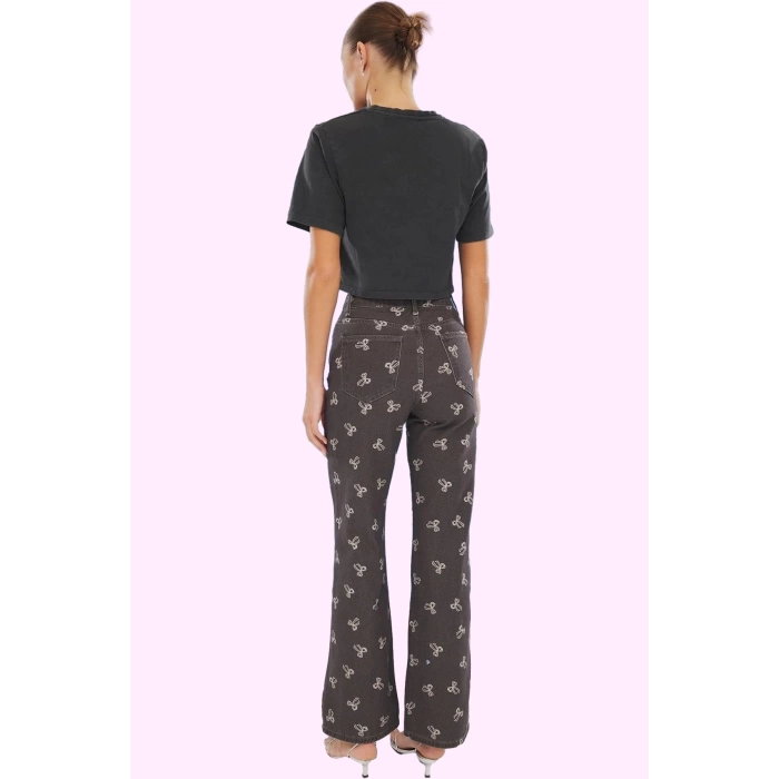 Kadın Baskılı Denim Pantolon Pamuk Yüksek Bel Wide Leg Casual Tarz Yaz Aylarının Vazgeçilmezi