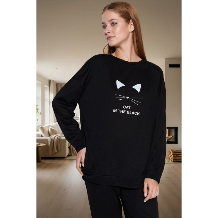Kadın Baskılı Pijama Takımı Pamuklu Örme Kumaş Rahat Ev Giyim Modern Stil Profesyonel Görünüm