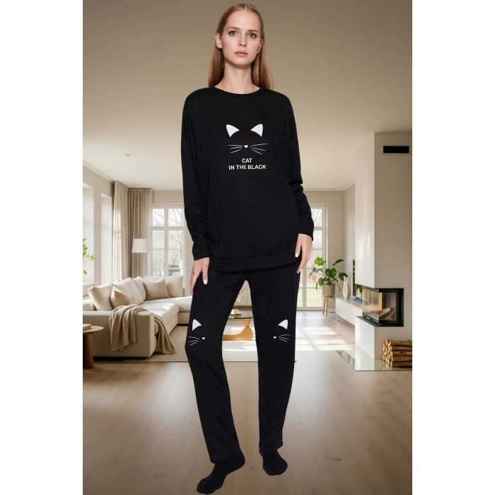 Kadın Baskılı Pijama Takımı Pamuklu Örme Kumaş Rahat Ev Giyim Modern Stil Profesyonel Görünüm