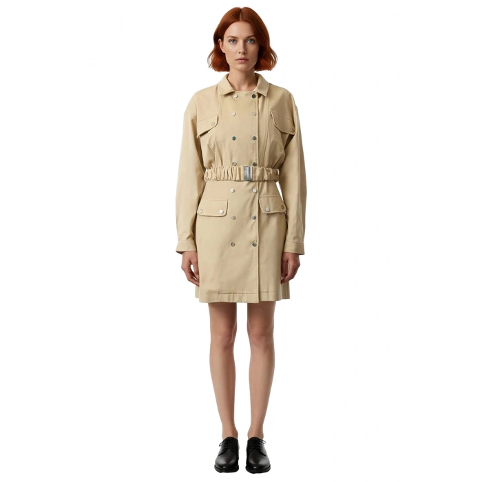 Kadın Bej %100 Pamuk Gabardin Dokuma Kemer Detaylı Uzun Kollu Ceket Yaka Düğmeli Mini Elbise Günlük