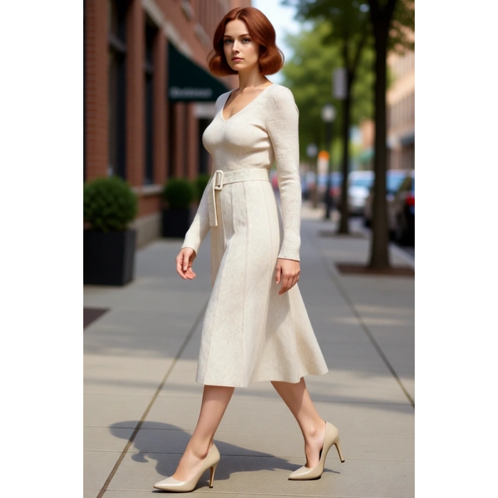 Kadın Bej Akrilik Triko Kemerli V Yaka Midi Boy A Line Elbise Uzun Kollu Rahat Şık Günlük Stile