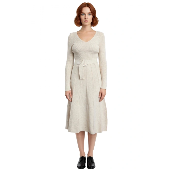 Kadın Bej Akrilik Triko Kemerli V Yaka Midi Boy A Line Elbise Uzun Kollu Rahat Şık Günlük Stile