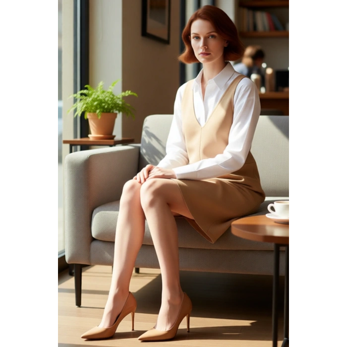 Kadın Bej Bodycon Kalıp V Yaka Jile Süet Mini Elbise Kışlık Şık Ve Konforlu Tasarım Kaliteli