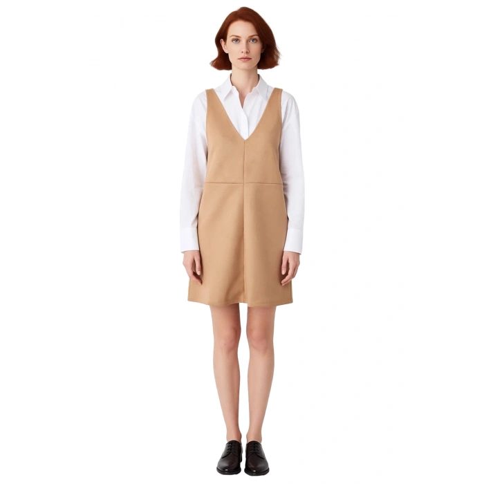 Kadın Bej Bodycon Kalıp V Yaka Jile Süet Mini Elbise Kışlık Şık Ve Konforlu Tasarım Kaliteli