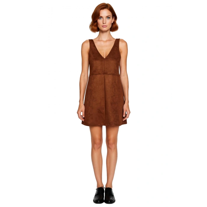 Kadın Bej Bodycon Kalıp V Yaka Jile Süet Mini Elbise Kışlık Şık Ve Konforlu Tasarım Kaliteli