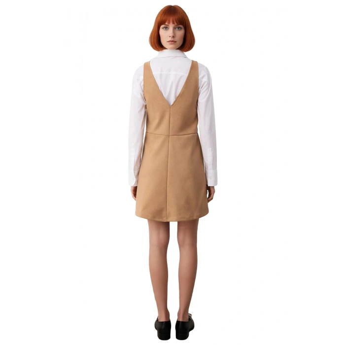 Kadın Bej Bodycon Kalıp V Yaka Jile Süet Mini Elbise Kışlık Şık Ve Konforlu Tasarım Kaliteli