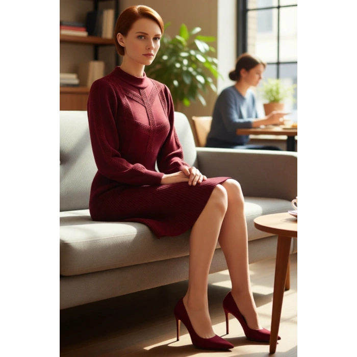 Kadın Bej Düz Desen A Kesim Dik Yaka Uzun Balon Kol Akrilik Triko Mini Elbise Kış Şıklığı.