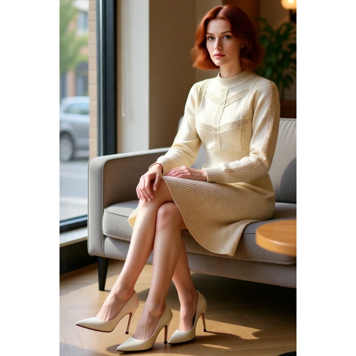 Kadın Bej Düz Desen A Kesim Dik Yaka Uzun Balon Kol Akrilik Triko Mini Elbise Kış Şıklığı.