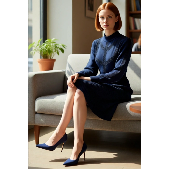 Kadın Bej Düz Desen A Kesim Dik Yaka Uzun Balon Kol Akrilik Triko Mini Elbise Kış Şıklığı.