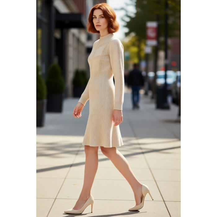 Kadın Bej Düz Desen A Kesim Dik Yaka Uzun Balon Kol Akrilik Triko Mini Elbise Kış Şıklığı.