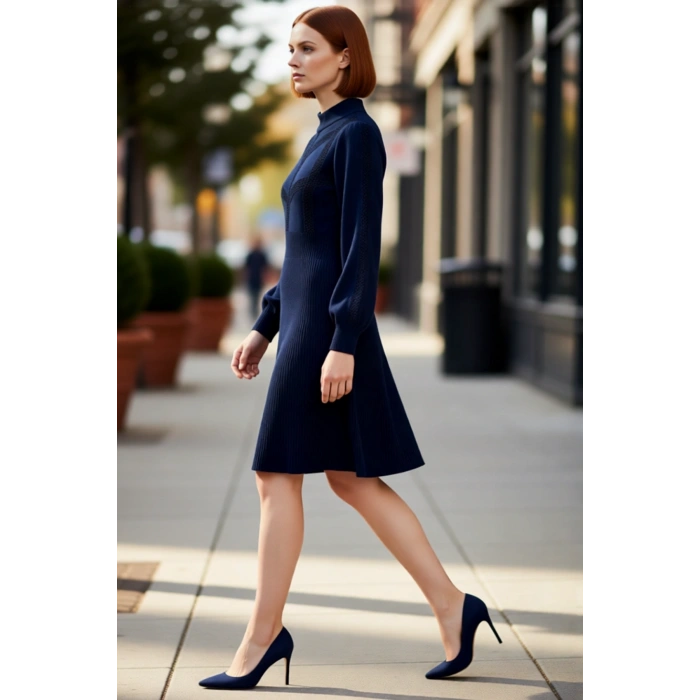 Kadın Bej Düz Desen A Kesim Dik Yaka Uzun Balon Kol Akrilik Triko Mini Elbise Kış Şıklığı.