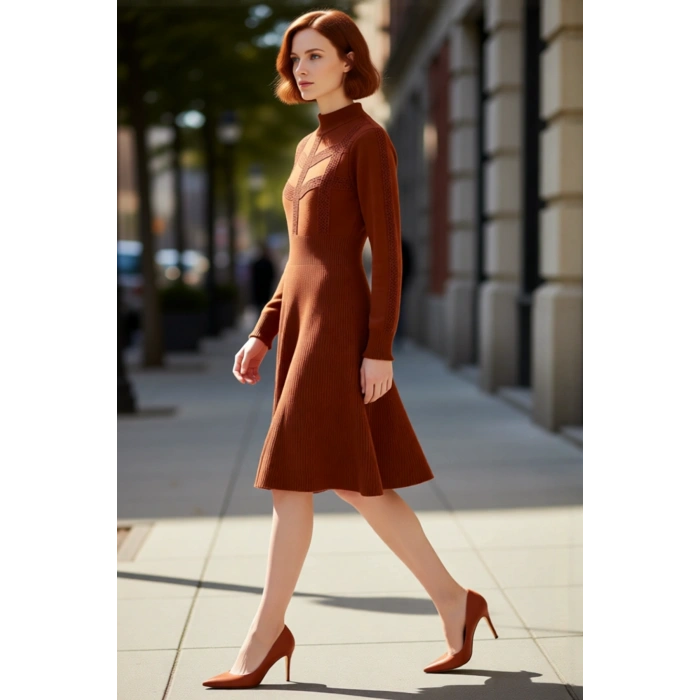 Kadın Bej Düz Desen A Kesim Dik Yaka Uzun Balon Kol Akrilik Triko Mini Elbise Kış Şıklığı.