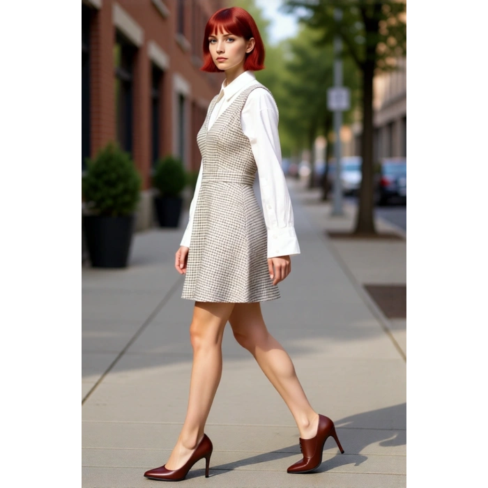 Kadın Bej Ekose Kareli Jile Mini Dokuma Elbise %100 Pamuklu V Yaka Rahat Kombinler İçin Şık