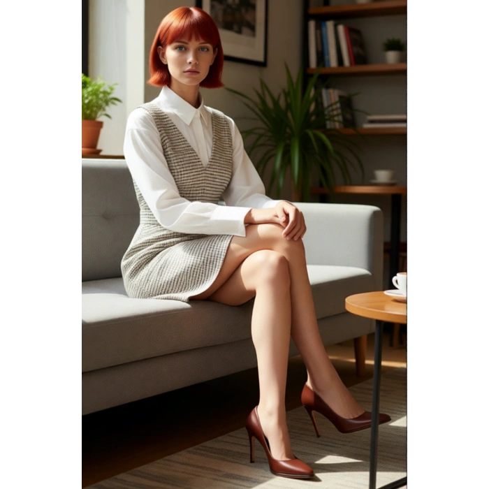 Kadın Bej Ekose Kareli Jile Mini Dokuma Elbise %100 Pamuklu V Yaka Rahat Kombinler İçin Şık