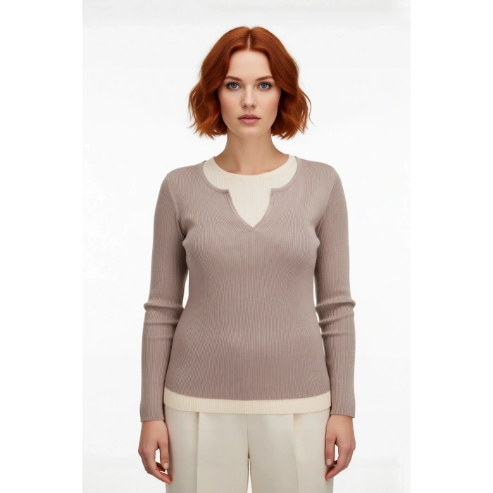 Kadın Bej Fitted Fitilli Triko Kazak İnce Yapılı Çift Katman Görünümlü İlkbahar Sonbahar İçin İdeal