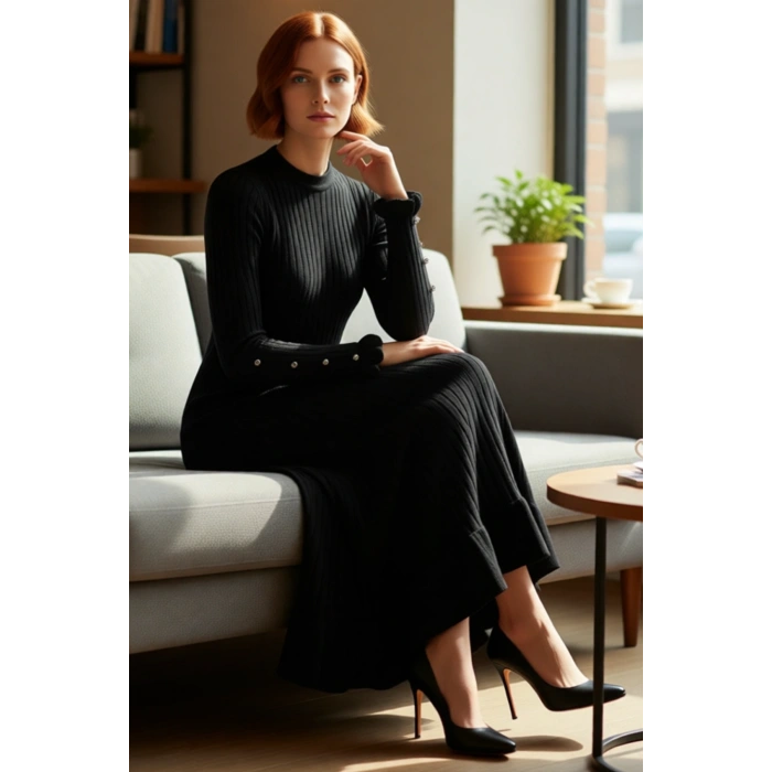 Kadın Bej Ribana Triko Maxi Elbise Eteği Fırfırlı İncili Düşük Kol Bisiklet Yaka Tasarımı Kaliteli