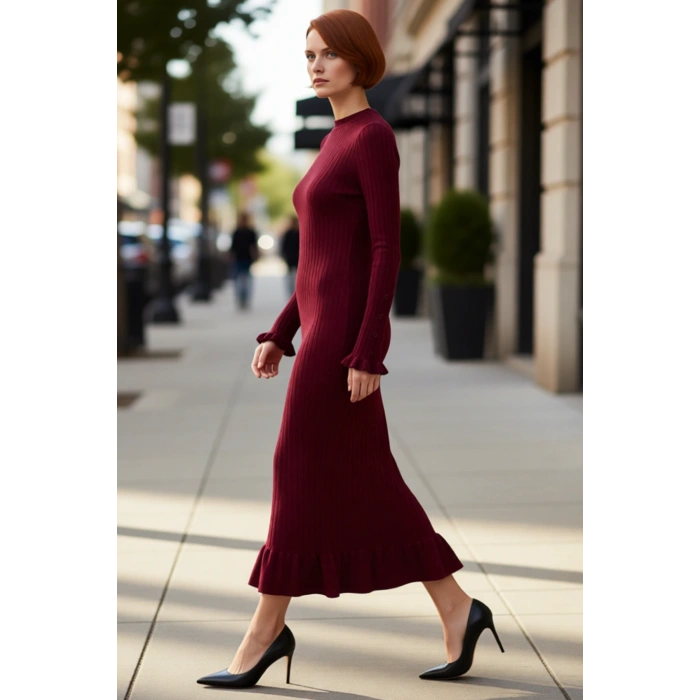 Kadın Bej Ribana Triko Maxi Elbise Eteği Fırfırlı İncili Düşük Kol Bisiklet Yaka Tasarımı Kaliteli