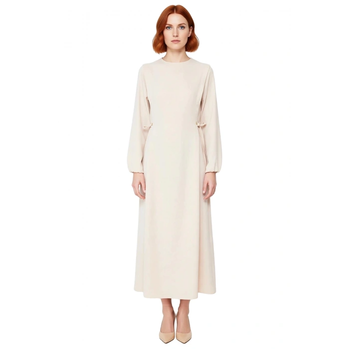 Kadın Beli İp Bağlama Detaylı Uzun Balon Kol Aerobin Dokuma Maxi Shift Elbise İlkbahar Sonbahar