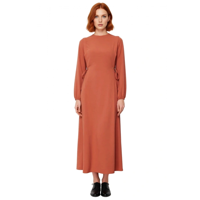 Kadın Beli İp Bağlama Detaylı Uzun Balon Kol Aerobin Dokuma Maxi Shift Elbise İlkbahar Sonbahar