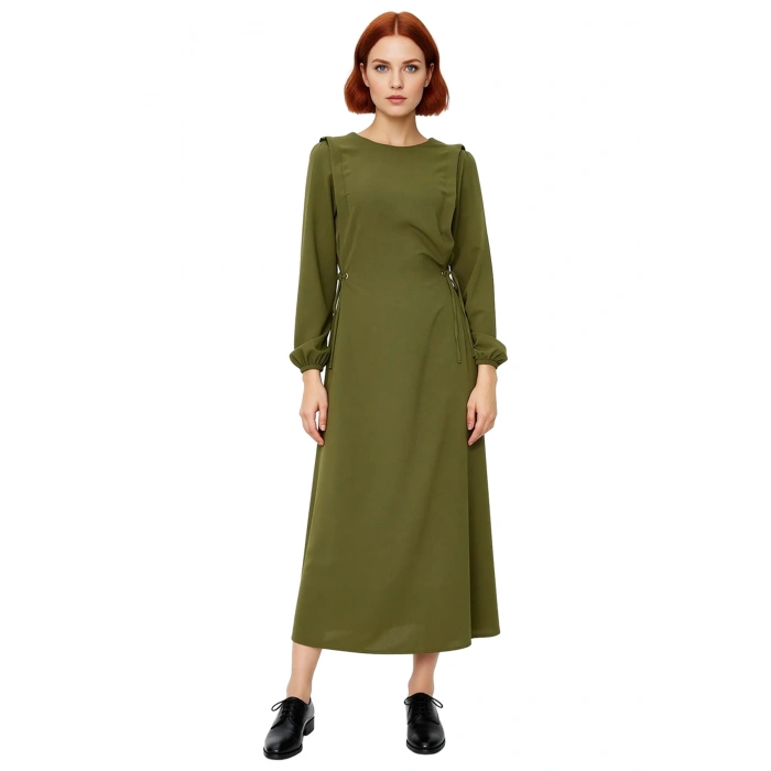 Kadın Beli İp Bağlama Detaylı Uzun Balon Kol Aerobin Dokuma Maxi Shift Elbise İlkbahar Sonbahar