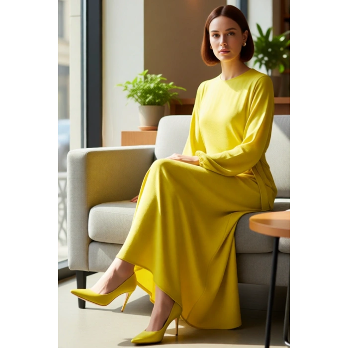 Kadın Beli İp Bağlama Detaylı Uzun Balon Kol Aerobin Dokuma Maxi Shift Elbise İlkbahar Sonbahar