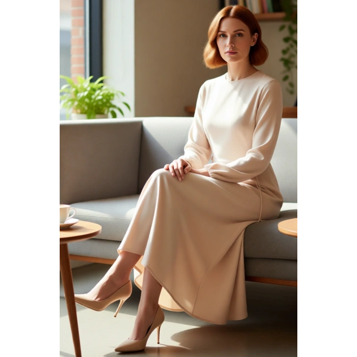 Kadın Beli İp Bağlama Detaylı Uzun Balon Kol Aerobin Dokuma Maxi Shift Elbise İlkbahar Sonbahar