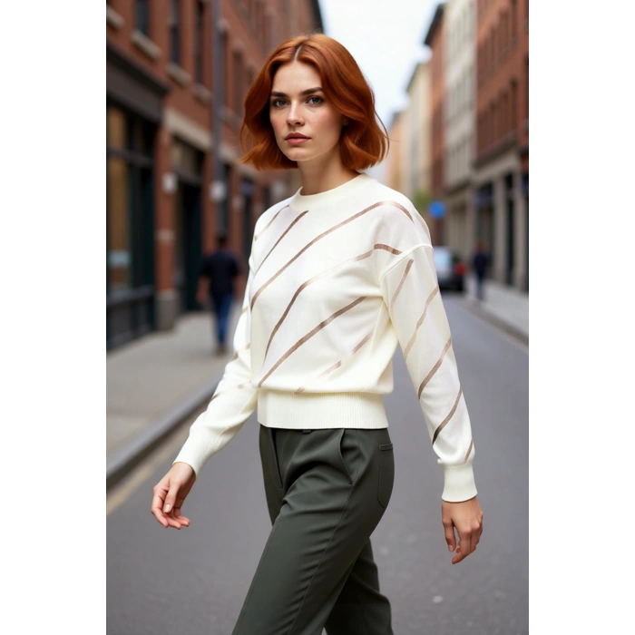 Kadın Bisiklet Yaka Akrilik Triko Kazak Düşük Kollu Ajurlu Desenli İlkbahar Sonbahar Şıklığı