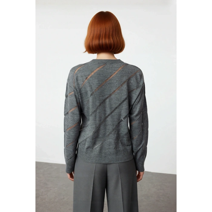 Kadın Bisiklet Yaka Akrilik Triko Kazak Düşük Kollu Ajurlu Desenli İlkbahar Sonbahar Şıklığı