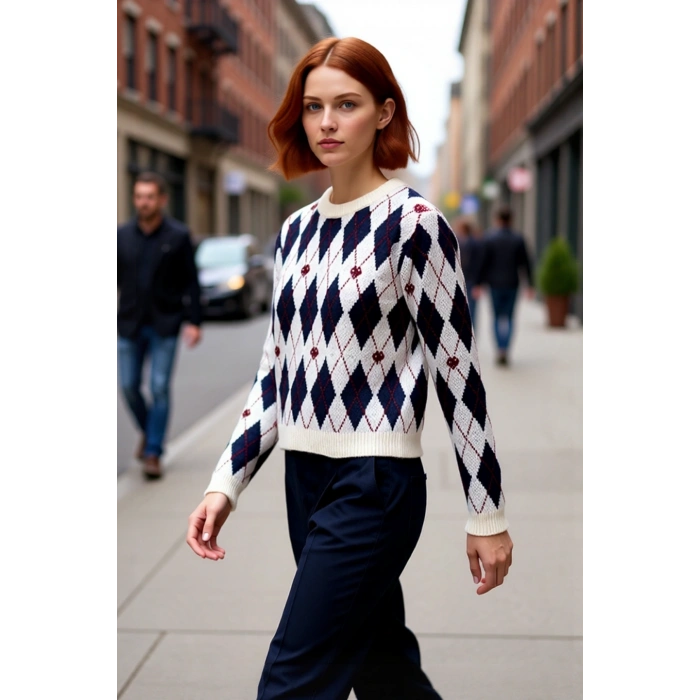 Kadın Bisiklet Yaka Baklava Desenli Simli Triko Kazak Kış Sezonu İçin Sıcak ve Şık Bir Tercih