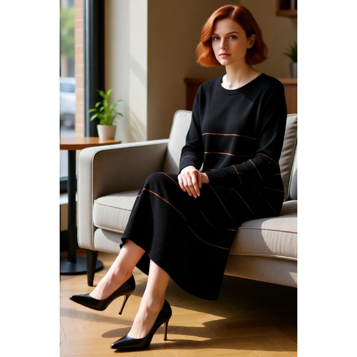 Kadın Bisiklet Yaka Çizgili Desenli Uzun A Kesim Triko Elbise Günlük Ve Özel Anlar İçin Konforlu