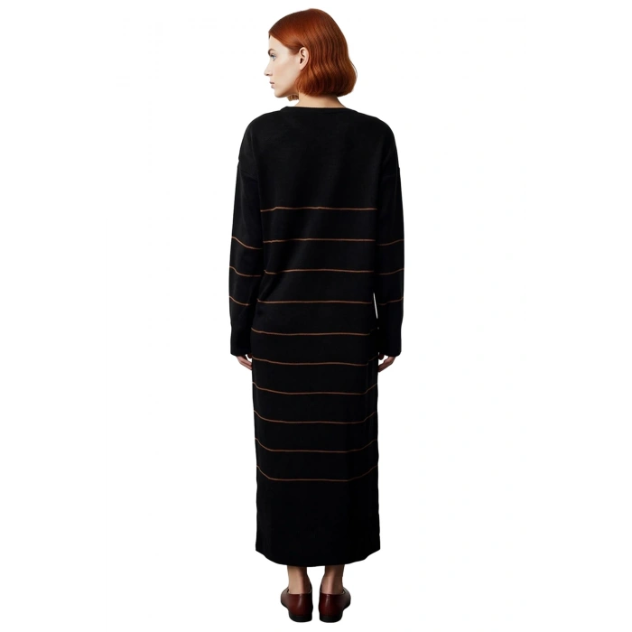 Kadın Bisiklet Yaka Çizgili Desenli Uzun A Kesim Triko Elbise Günlük Ve Özel Anlar İçin Konforlu