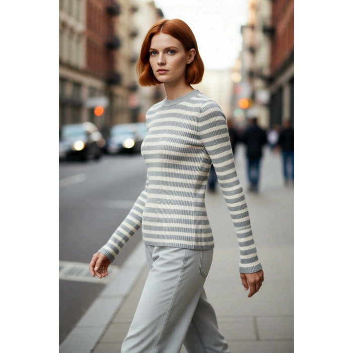 Kadın Bisiklet Yaka Çizgili Fitted Akrilik Triko Uzun Kol Basic Günlük Kazak Stili Kaliteli
