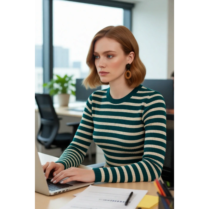 Kadın Bisiklet Yaka Çizgili Fitted Akrilik Triko Uzun Kol Basic Günlük Kazak Stili Kaliteli