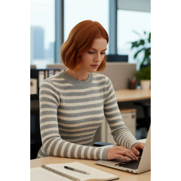 Kadın Bisiklet Yaka Çizgili Fitted Akrilik Triko Uzun Kol Basic Günlük Kazak Stili Kaliteli