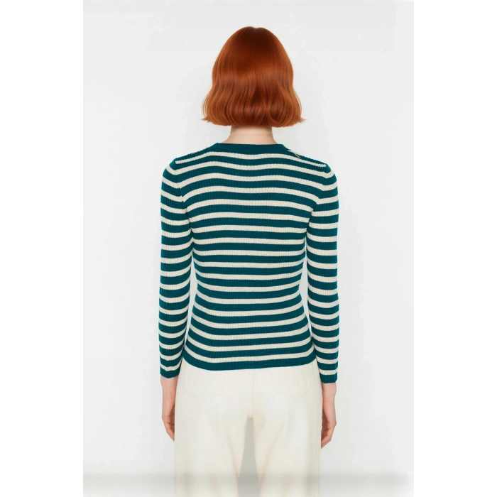 Kadın Bisiklet Yaka Çizgili Fitted Akrilik Triko Uzun Kol Basic Günlük Kazak Stili Kaliteli