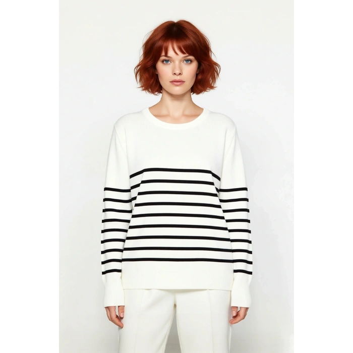 Kadın Bisiklet Yaka Çizgili Triko Kazak Standart Kol Rahat Kalıp Günlük Sonbahar Kış Şıklığı