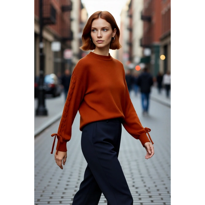 Kadın Bisiklet Yaka Düşük Kol Dokuma Detaylı Uzun Kollu Regular Fit Triko Tunik Kazak Modeli