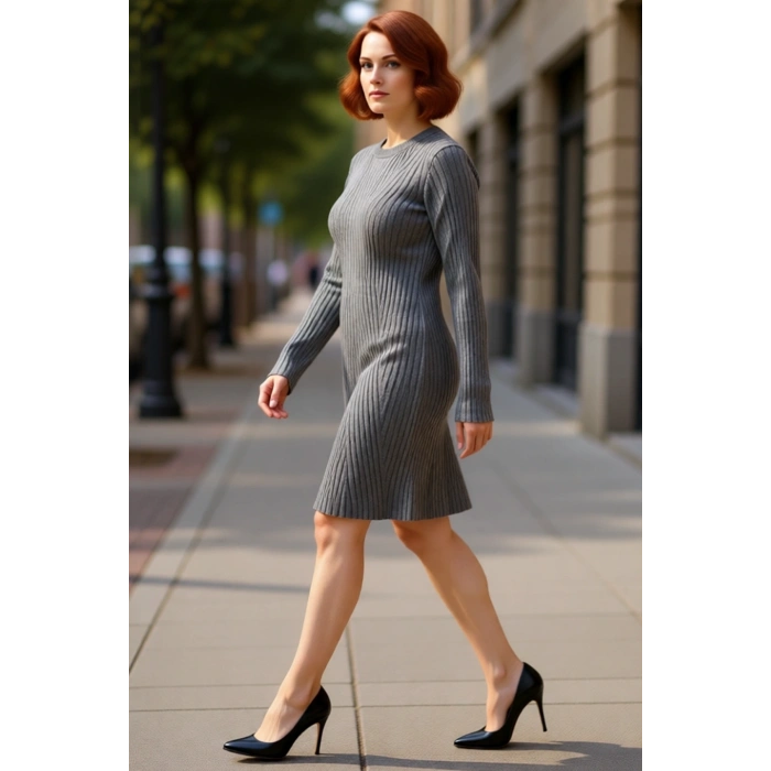 Kadın Bisiklet Yaka Fitilli Dokuma Bodycon Triko Mini Elbise Uzun Kollu Kış Günleri İçin Kaliteli