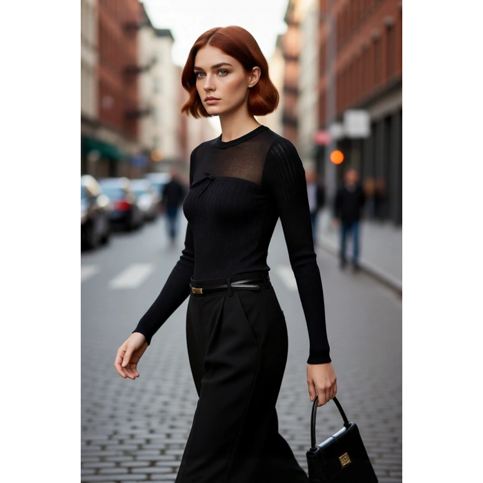 Kadın Bisiklet Yaka Fitted Kesim Transparan Ajurlu Detaylı Modern Triko Kazak Kaliteli Şık