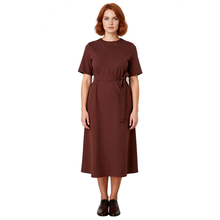 Kadın Bisiklet Yaka Kısa Kol Düz Desen A Kesim Midi Boy Dokuma Polyester Elbise İlkbahar Yaz