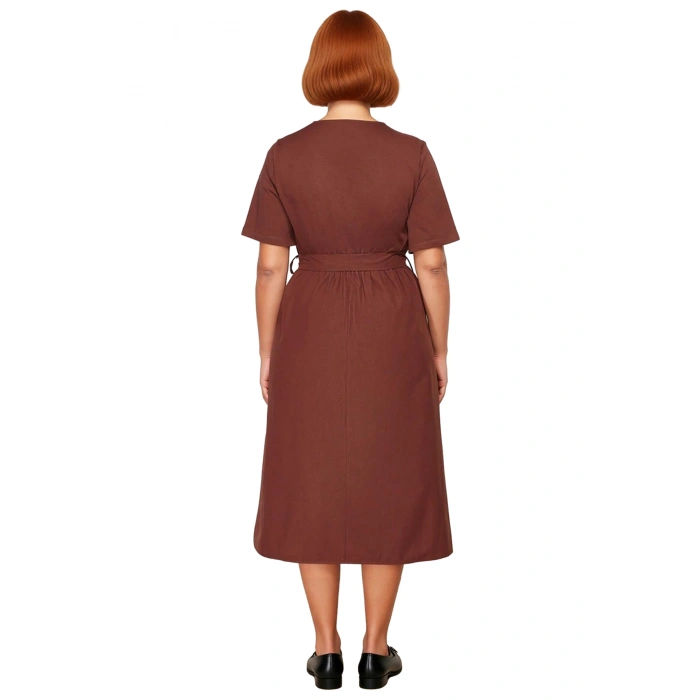 Kadın Bisiklet Yaka Kısa Kol Düz Desen A Kesim Midi Boy Dokuma Polyester Elbise İlkbahar Yaz