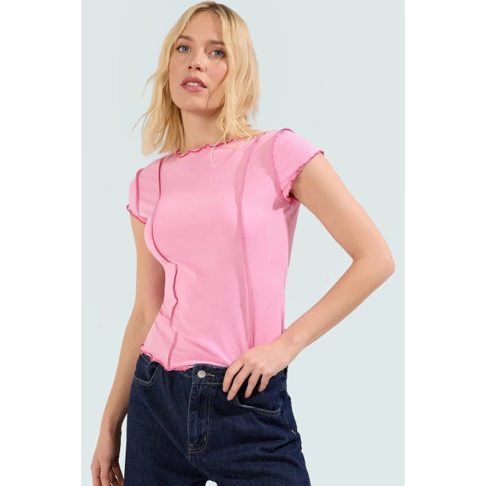 Kadın Bisiklet Yaka Kısa Kollu Fitted Örme Bluz Özenle Seçilmiş Premium Kalite