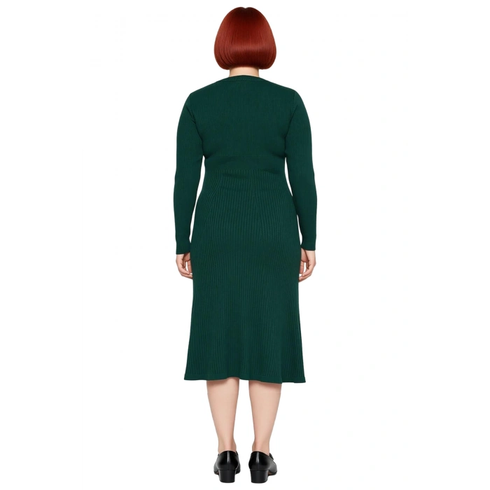 Kadın Bisiklet Yaka Midi Boy Uzun Kol Düz Desenli A line Kesim Fitilli Triko Elbise Rahatlığı