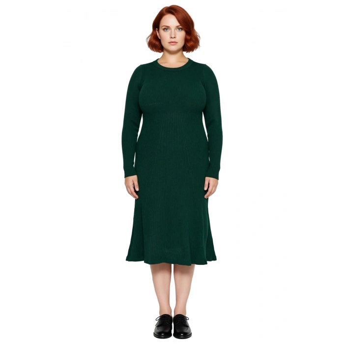 Kadın Bisiklet Yaka Midi Boy Uzun Kol Düz Desenli A line Kesim Fitilli Triko Elbise Rahatlığı