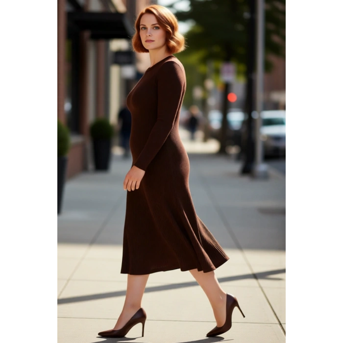 Kadın Bisiklet Yaka Midi Boy Uzun Kol Düz Desenli A line Kesim Fitilli Triko Elbise Rahatlığı